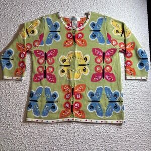 Vintage Susan Bristol Green Butterfly Embroidered Beaded Cardigan|Cottagecore|Md